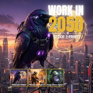 Puede incluir: Juego de impresiones artísticas digitales con un cuervo futurista con detalles morados, posado sobre un paisaje urbano. El texto dice "WORK IN 2050 - SET OF 3 PRINTS". El conjunto incluye imágenes de un Arquitecto Solar Orbital, un Ingeniero Geo Planetario y un Ingeniero de Sistemas Energéticos.