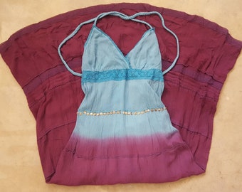 Gauze Ombre Tie Dye Halter Dress Boho Summer Cotton Sundress M Cottagecore Prairie Aqua Plum Lace Silver Sequin Embellished XLNT/NWOT