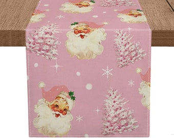 Pink Santa Claus Christmas Table Runner or Placemats Polyester 13" x 72" or 60" Winter Holiday Home Decor Xmas Tree Snowflake Party Decor