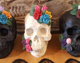 Halloween LG Skull with Roses Hand Painted Sugar Dia de Los Muertos Day of Dead Decor Catarina Calaveras Custom Orders Resin Black Natural