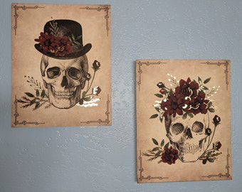 Juego de 2 piezas de arte de pared con esqueleto gótico de Halloween, diseño floral de pan de oro sepia de 17 x 14 pulgadas, para novia, novio y bombín, listo para colgar.