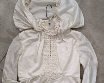 VTG Cream Beaded Wedding Dress S Minimalist Hooded Cape Train Puritan Bridal Pioneer Amish Modest MCM Period Costume Mid Century Halloween