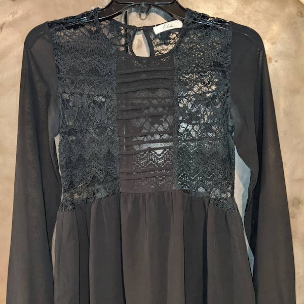 Black Lace Sheer Dressy Top Women's S Pretty Romantic Blouse by Elodie Party Evening Dress Up Night Club Empire Ruffle Long Sleeve