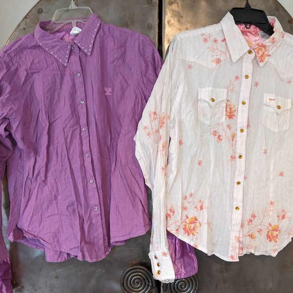 Womens L Western Tailored Shirt Twenty X Fitted Pretty Floral or Purple Bling Stitching Fancy Snaps