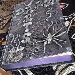 MTO Distressed Creepy Old Spell Book Prop Magic Witchy Decor Hand Made Repurposed Hardcover Spiderweb Spider Skeleton Gold Silver Dark Arts