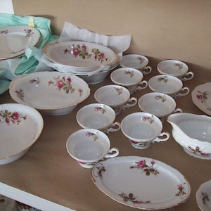 Vtg WWII Fine China Set Royal Rose Japan Huge Rare 42 Pieces Dinner Setting Service Dining Set Holiday Gorgeous Floral Dishes Cups