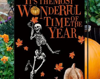 Bandera de jardín de Halloween, esqueletos bailando y calabazas, decoración otoñal para el hogar
