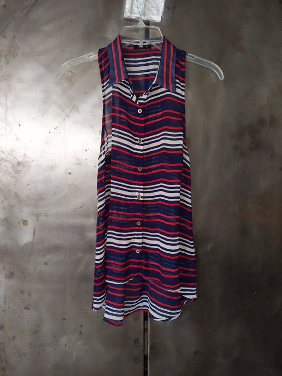 Sheer Red White Blue Striped Button Down Collared… - image 1