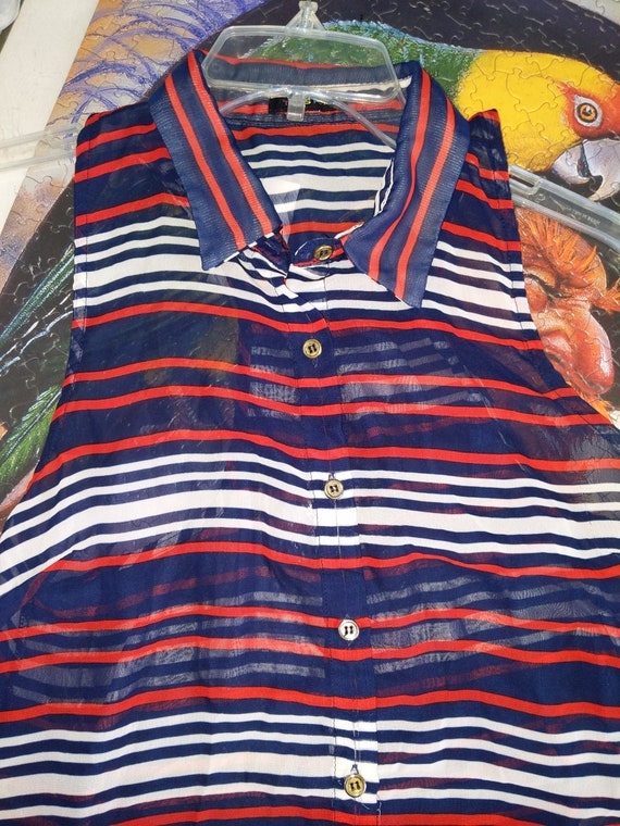 Sheer Red White Blue Striped Button Down Collared… - image 2