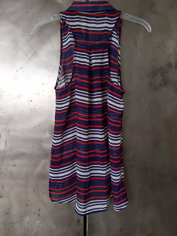 Sheer Red White Blue Striped Button Down Collared… - image 5