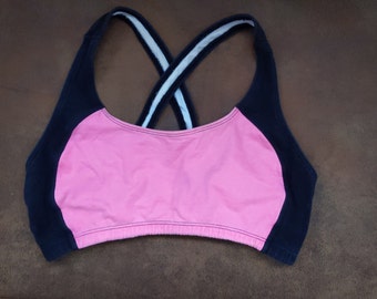Vtg Aerobics sports bra 80's to 90's pink black racer criss cross back cotton stretch FoTL M Gym top Workout Dance Running Crop Top Support