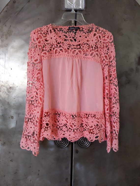 Beautiful Lacey Blouse Sheer Antique Coral Size XL Fits M to XL Loose Fit Darling Lace PRETTY Dressy Top Day Night Evening Holiday Party Etsy