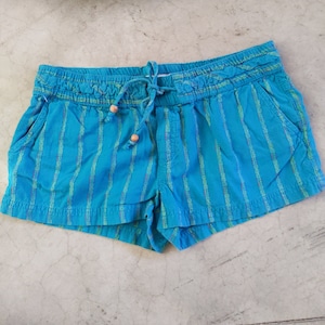 Roxy Baja Madras Shorts size M Turquoise Pink Lime Stripes Beach Summer Warm Soft