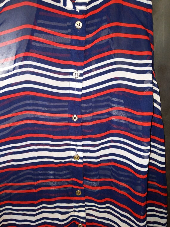 Sheer Red White Blue Striped Button Down Collared… - image 8