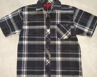 Retro Plaid Boys Button Up Short Sleeve Dress Shirt by Montage Size M Black Gray Teal Casual Formal Summer Dressy Classic