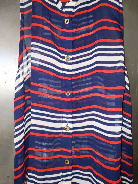 Sheer Red White Blue Striped Button Down Collared… - image 7