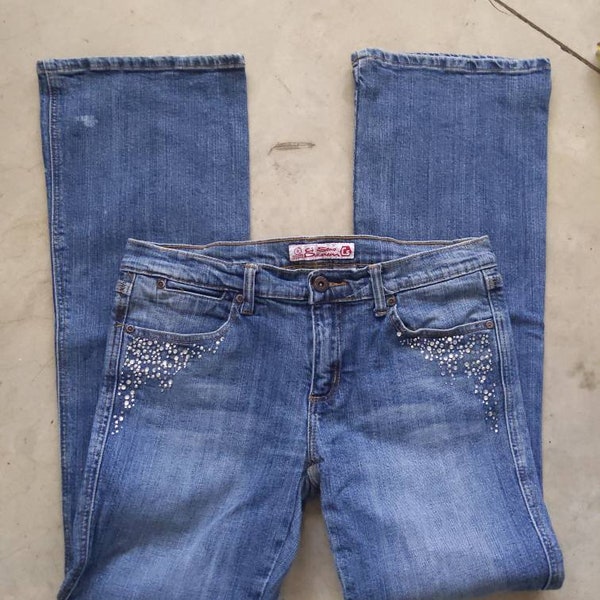 Vtg 90s Jeans Stretch Faded Blue Bling Sparkle Rhinestones nice thick fabric size 7 Ci Sono Denim 30 inch waist 30 inch inseam Retro Grunge