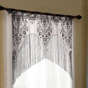 Halloween Curtain Black Lace Long Fringe Gothic 40&quot; Damask Skull Bat Floral Mantel Decor Drape Shawl Wrap