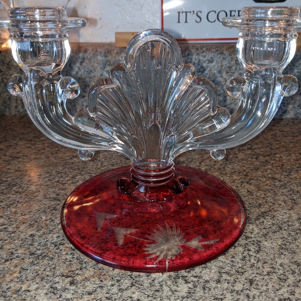 vintage cranberry glass candlestick holder holds two candles art deco design etched pattern pretty