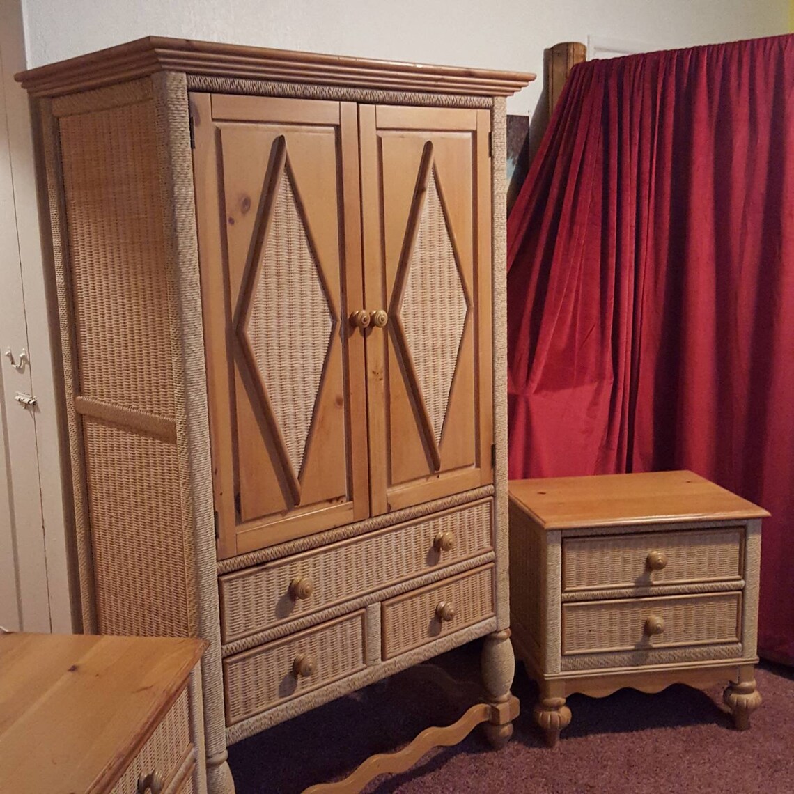 Wicker and Wood Bedroom Set Armoire 2 Nightstands Lexington by Etsy