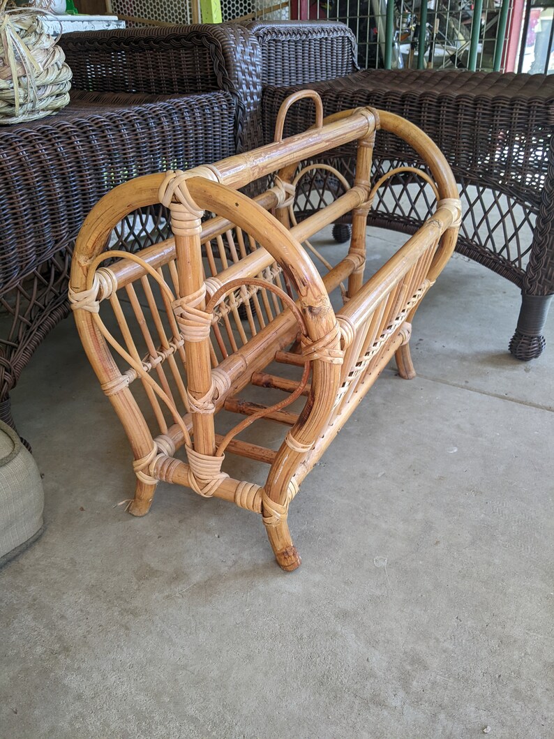 Vintage Bamboo Rattan Magazine Rack: Heart Sides, Tiki Tropical Decor ...