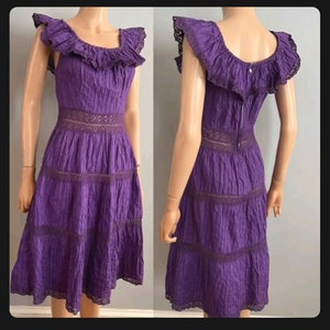 Vtg 1970s Deadstock Cotton Peasant Sun Dress S M Lace Cottagecore Boho Hippie Chic Summer Mexican Fiesta Sundress Rich Plum Purple Original