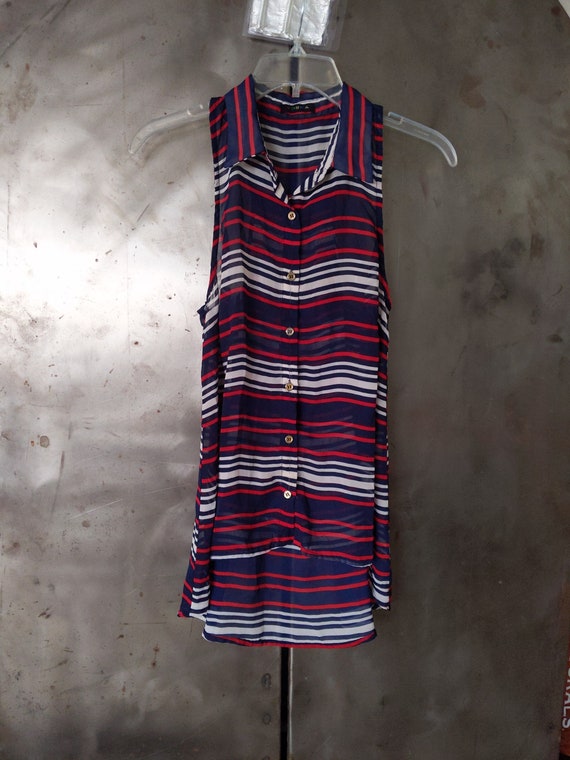 Sheer Red White Blue Striped Button Down Collared… - image 3