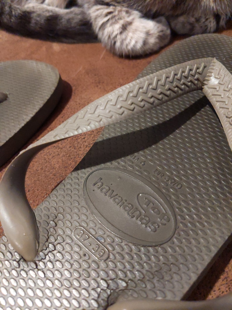 May include: A pair of brown flip-flops with the brand name "havaianas" and the size "37-38" printed on the sole.