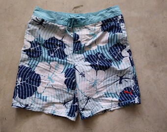 Men's Puma Hawaiian Hibiscus Flower Swim Trunks Size 34 or S Blue White Surf Beach Shorts Pocket Lined XLNT