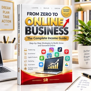 May include: A hardcover book titled From Zero to Online Business: The Complete Income Guide. The white cover features gold text, a red arrow, a laptop graphic, and various social media icons. A yellow badge reads Beginner Friendly Easy to Follow & Apply.