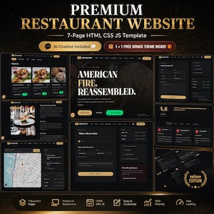 May include: A 7-page premium restaurant website template featuring HTML, CSS, and JS code. The dark-themed design includes an AI chatbot, a reservation form, a menu display, a map, and customer reviews with the text American Fire Reassembled.