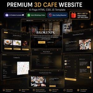 HTML Cafe Website Template, 3D Glass Morphism Coffee Shop Website with WhatsApp Ordering, Responsive Multi Page Cafe Bundle with Free Gift
