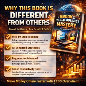 Puede incluir: Portada del libro "Ebook & Digital Business Mastery" con un port&aacute;til, monedas y un logotipo de Amazon. La portada tambi&eacute;n muestra el texto "Why This Book Is Different From Others" e informaci&oacute;n sobre una hoja de ruta paso a paso, estrategias de IA y herramientas de bonificaci&oacute;n.
