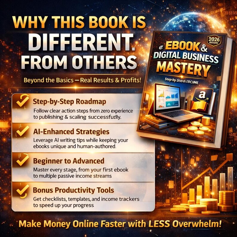Puede incluir: Portada del libro "Ebook & Digital Business Mastery" con un port&aacute;til, monedas y un logotipo de Amazon. La portada tambi&eacute;n muestra el texto "Why This Book Is Different From Others" e informaci&oacute;n sobre una hoja de ruta paso a paso, estrategias de IA y herramientas de bonificaci&oacute;n.