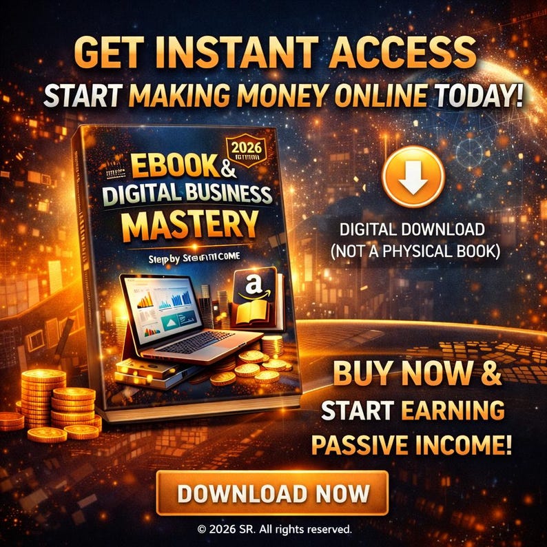 Puede incluir: Anuncio de un libro electr&oacute;nico titulado "Ebook & Digital Business Mastery". La portada presenta un port&aacute;til que muestra gr&aacute;ficos, un libro abierto y montones de monedas de oro. El texto incluye "Get Instant Access" y "Start Making Money Online Today!"