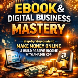 Puede incluir: Imagen promocional para un ebook titulado "Ebook & Digital Business Mastery" con la etiqueta "2026 Edition". La imagen presenta un port&aacute;til, montones de dinero, monedas de oro y un libro abierto con el logotipo de Amazon.