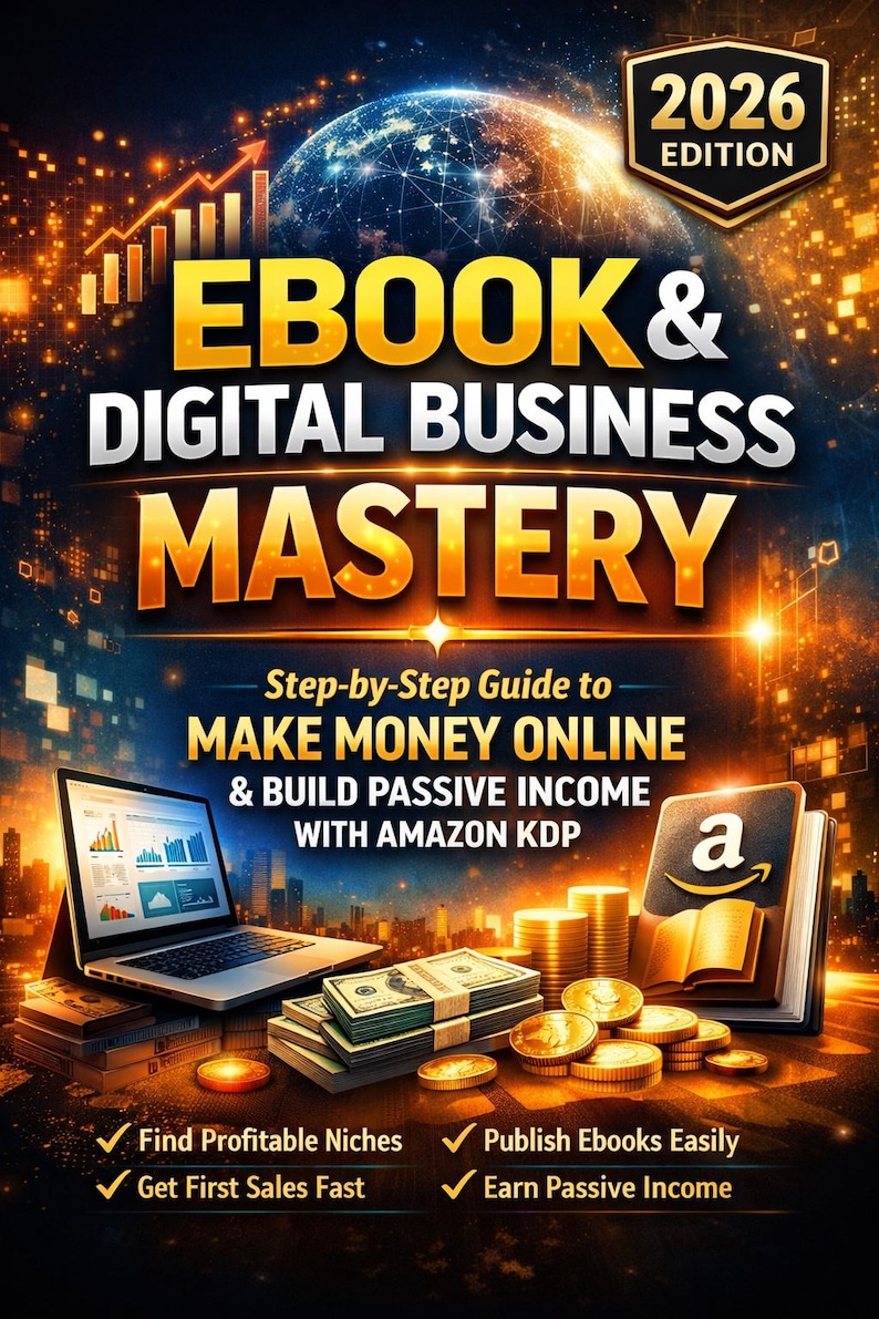 Puede incluir: Imagen promocional para un ebook titulado "Ebook & Digital Business Mastery" con la etiqueta "2026 Edition". La imagen presenta un port&aacute;til, montones de dinero, monedas de oro y un libro abierto con el logotipo de Amazon.