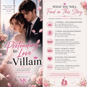 May include: A book cover titled Pretending to Love the Villain by SR featuring a couple in formal attire against a city skyline. The right side lists story elements including a powerful hero, strong heroine, fake dating, drama, and a satisfying ending.