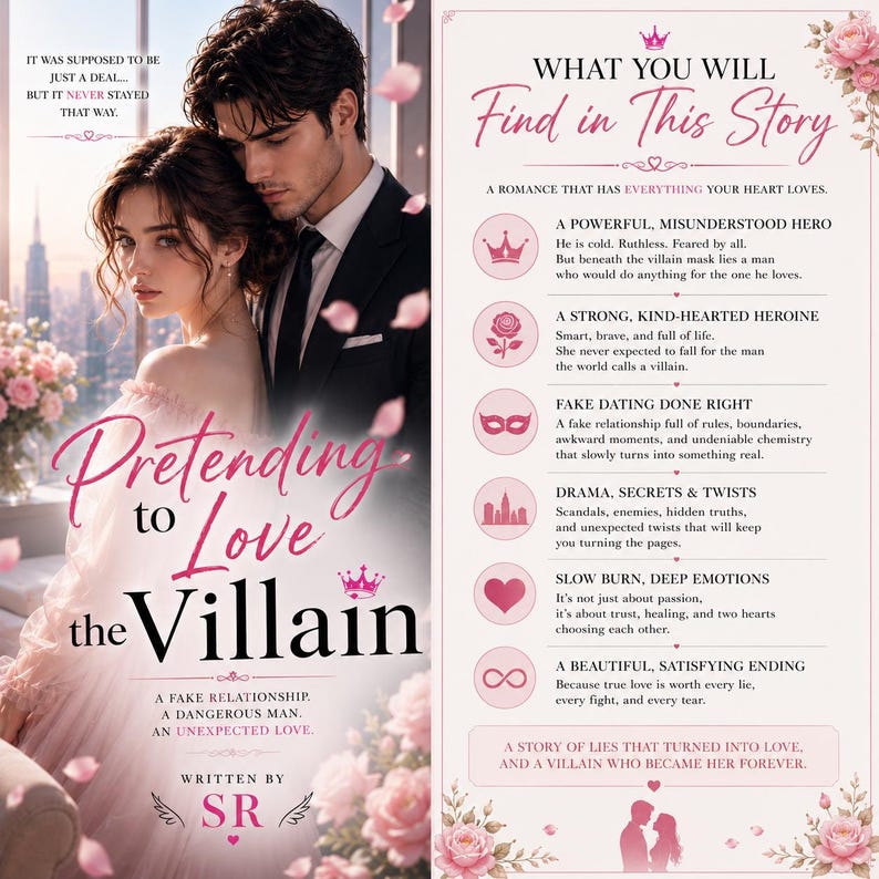 May include: A book cover titled Pretending to Love the Villain by SR featuring a couple in formal attire against a city skyline. The right side lists story elements including a powerful hero, strong heroine, fake dating, drama, and a satisfying ending.