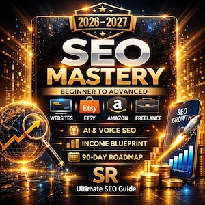 May include: A digital graphic promoting SEO Mastery from beginner to advanced levels. The image features the text "SEO MASTERY" with the years 2026-2027. Icons for Etsy, Amazon, and Freelance are included, along with the text "Websites", "AI & Voice SEO", "Income Blueprint", and "90-Day Roadmap".