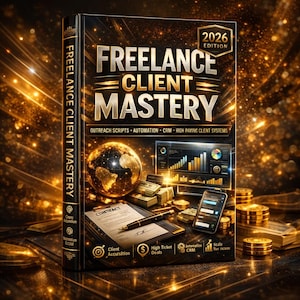 Może przedstawiać: Książka zatytułowana "Freelance Client Mastery" z etykietą "2026 Edition". Okładka ma złote i czarne odcienie, z grafiką globu, wykresów, pieniędzy i smartfona. Grzbiet książki głosi "Freelance Client Mastery".