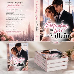 May include: A book titled Pretending to Love the Villain written by SR, featuring a cover illustration of a couple in formal attire against a city skyline. The book is displayed both as a single upright copy and a stack of three identical books.