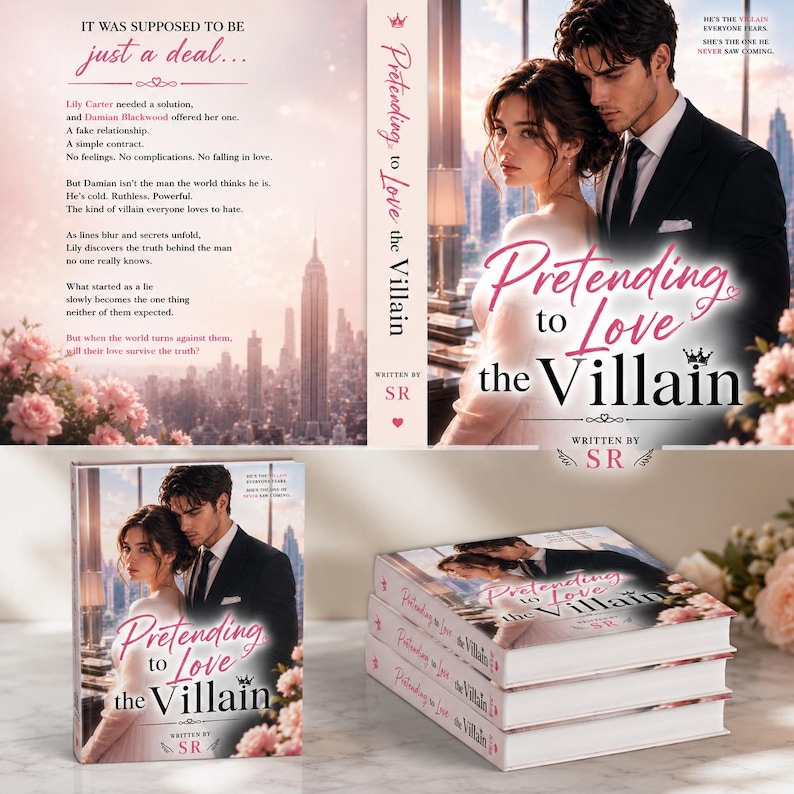 May include: A book titled Pretending to Love the Villain written by SR, featuring a cover illustration of a couple in formal attire against a city skyline. The book is displayed both as a single upright copy and a stack of three identical books.