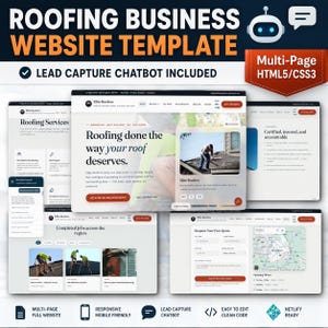 May include: A multi-page roofing business website template featuring HTML5 and CSS3 code, including a lead capture chatbot. The design displays various web pages with text such as Roofing Business Website Template, Roofing done the way your roof deserves, and Certified, insured, and accountable, showcasing service sections, contact forms, and project galleries.