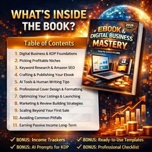 Puede incluir: Un ebook titulado "Ebook & Digital Business Mastery" con un port&aacute;til y el logotipo de Amazon en la portada. La imagen incluye una tabla de contenidos con temas como la investigaci&oacute;n de palabras clave y herramientas de IA. Tambi&eacute;n se ven monedas de oro y un gr&aacute;fico ascendente.
