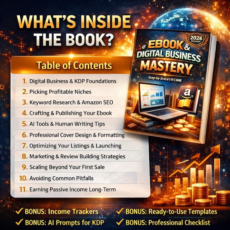 Puede incluir: Un ebook titulado "Ebook & Digital Business Mastery" con un port&aacute;til y el logotipo de Amazon en la portada. La imagen incluye una tabla de contenidos con temas como la investigaci&oacute;n de palabras clave y herramientas de IA. Tambi&eacute;n se ven monedas de oro y un gr&aacute;fico ascendente.