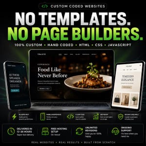 May include: A laptop, smartphone, and tablet displaying custom coded websites with text stating NO TEMPLATES. NO PAGE BUILDERS. 100% CUSTOM. HAND CODED. HTML. CSS. JAVASCRIPT. Features include mobile responsive, clean code, SEO ready, and secure hosting.