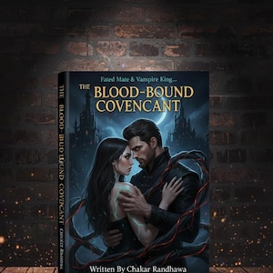 May include: A book cover for "The Blood-Bound Covenant" features a couple embracing, with a dark castle backdrop. The title is in bold, gold letters. The author's name, Chakar Randhawa, is at the bottom. The spine reads "The Blood-Bound Covenant".