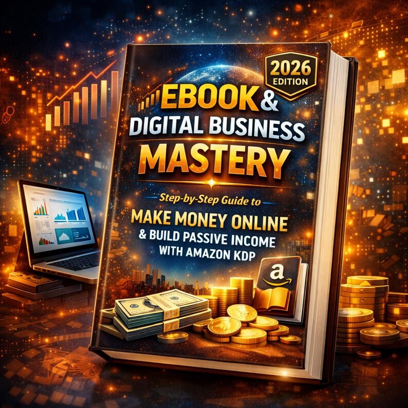 Puede incluir: Portada del libro "Ebook & Digital Business Mastery" con la edici&oacute;n de 2026. La portada presenta una gu&iacute;a paso a paso para ganar dinero en l&iacute;nea y generar ingresos pasivos con Amazon KDP. La imagen incluye dinero en efectivo, monedas y un port&aacute;til.