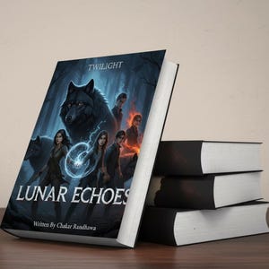 May include: A stack of three books with white pages and black covers, next to a hardcover book titled "Lunar Echoes." The cover art features a dark wolf, figures, and the text "Twilight." The author's name is "Chakar Randhawa."